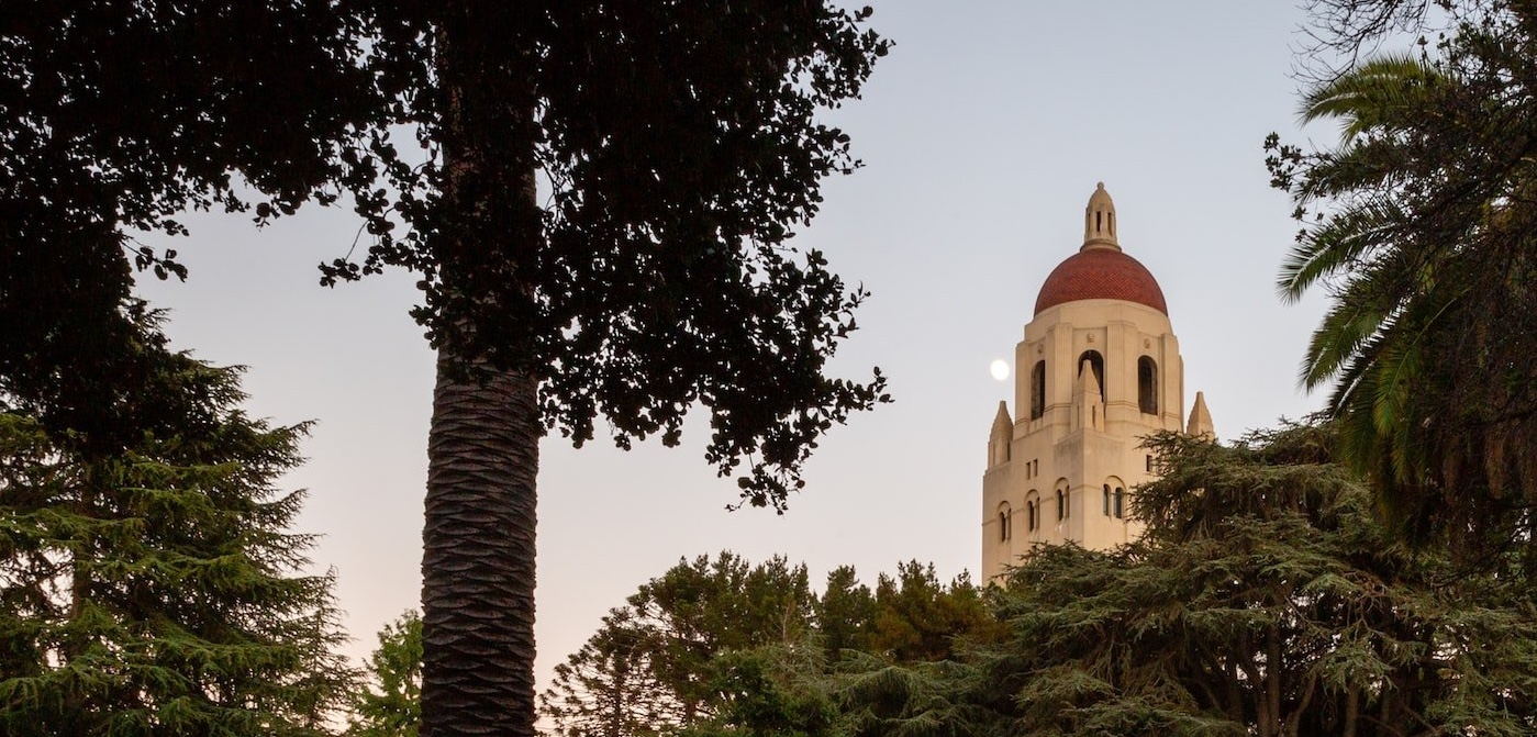 Stanford campus with Hoover Tower at sunset