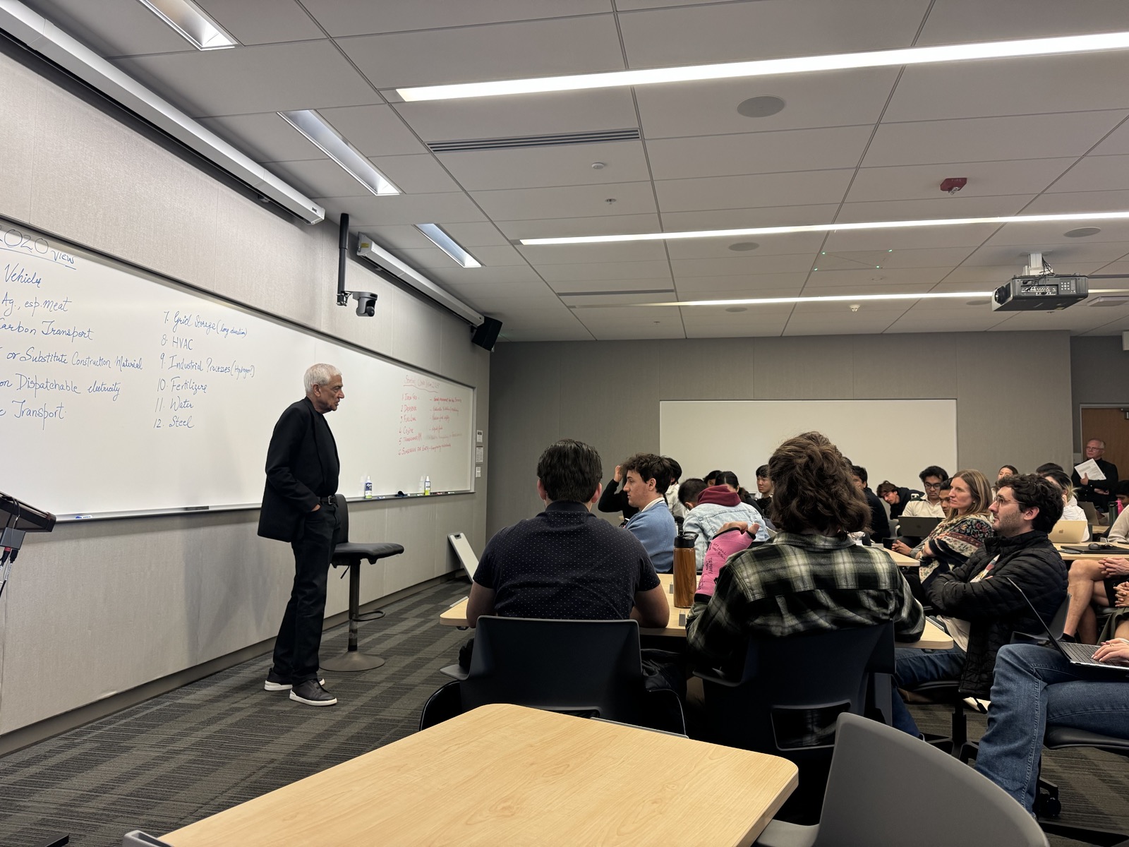 Vinod Khosla talking with Stanford Climate Ventures students about their projects